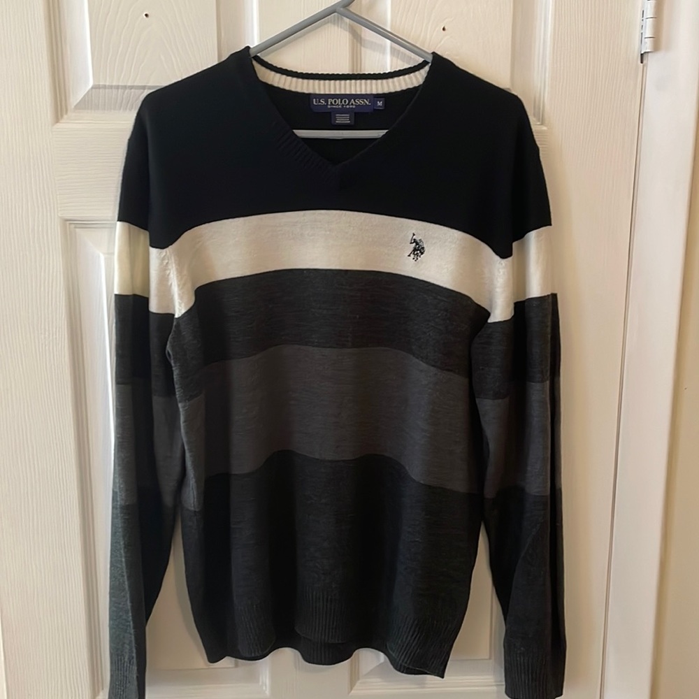 US POLO ASSN Men’s Medium Black, Grey, and White V-Neck Sweater